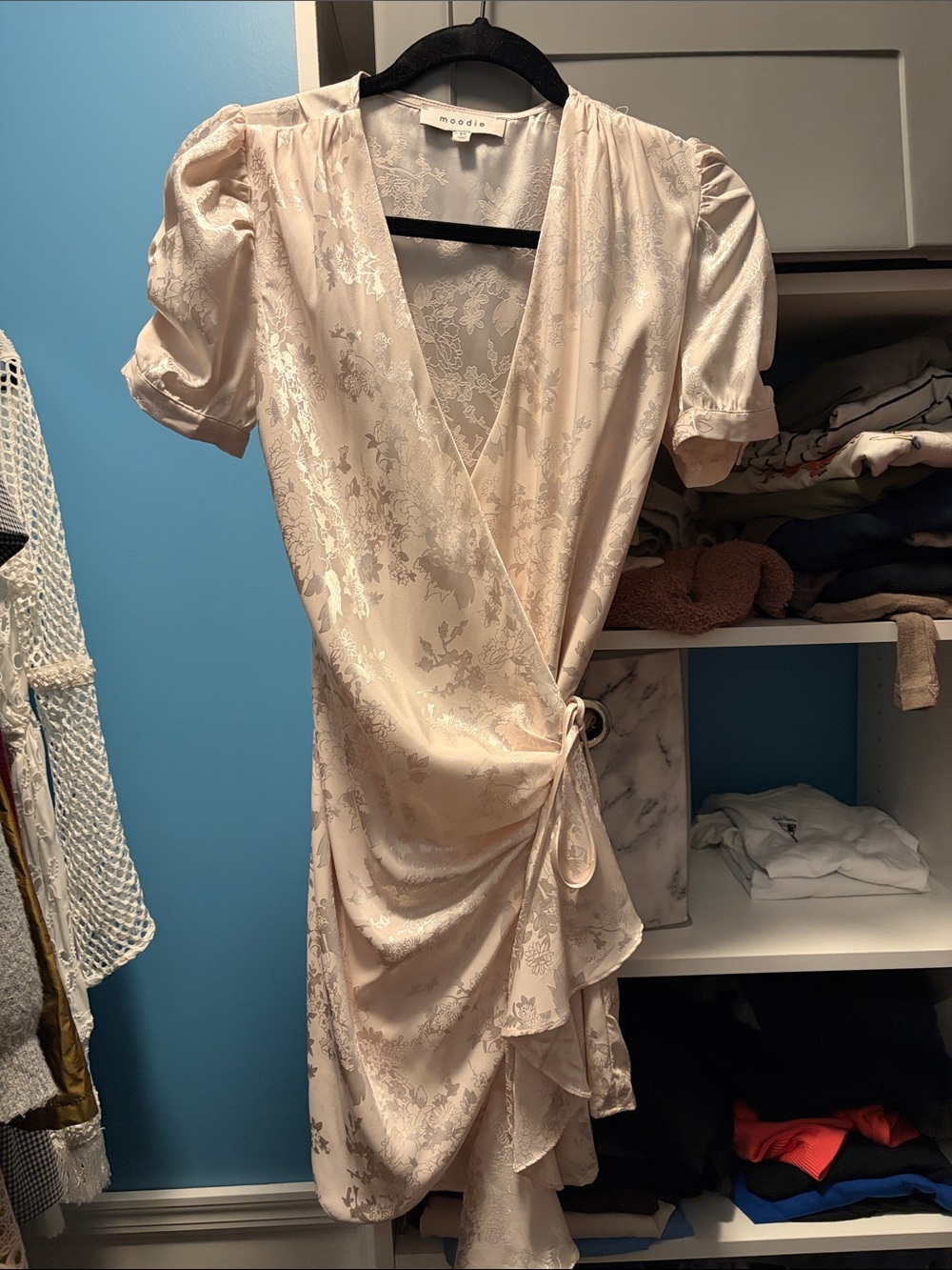 moodie Satin Wrap Mini Dress in Soft Cream